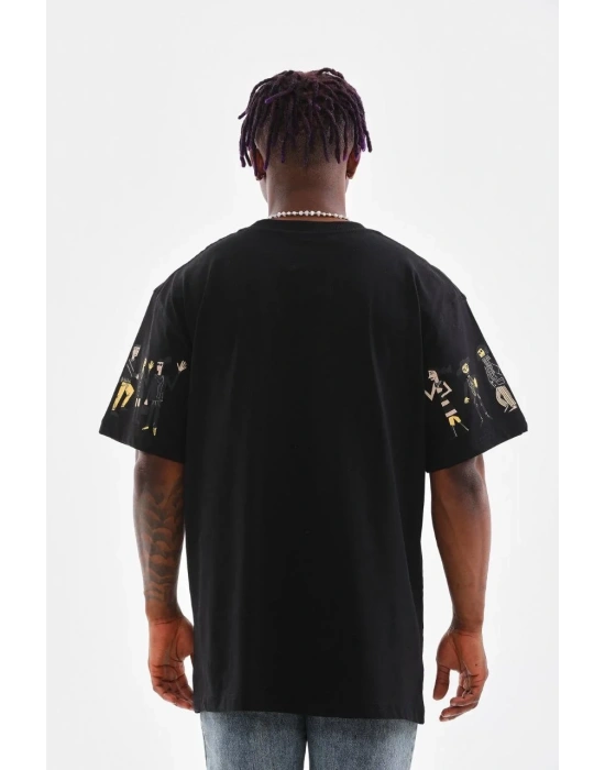 Erkek Bisiklet Yaka Baskılı Oversize T-Shirt - Siyah