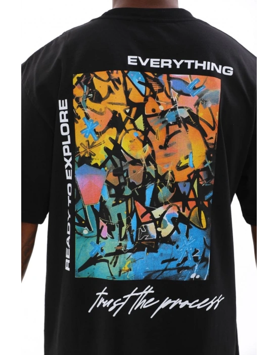 Erkek Bisiklet Yaka Baskılı Oversize T-Shirt - Siyah