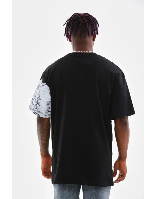 Erkek  Bisiklet Yaka Baskılı Oversize T-Shirt - Siyah