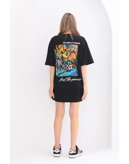 kadın  Bisiklet Yaka Baskılı Oversize T-Shirt - Siyah