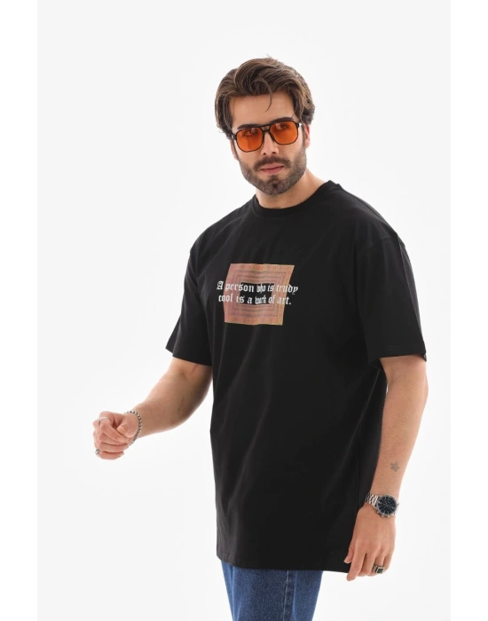 Erkek Bisiklet Yaka Baskılı Oversize T-Shirt - Siyah
