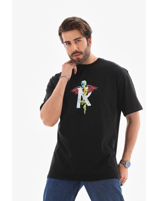 Erkek Bisiklet Yaka Baskılı Oversize T-Shirt - Siyah