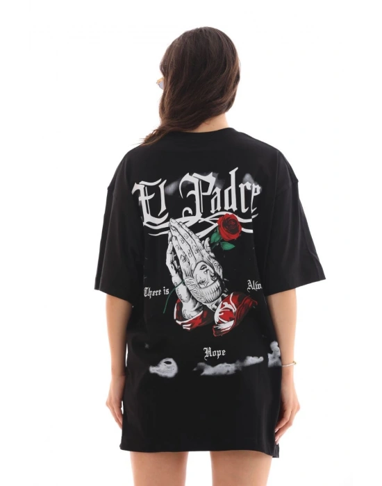 kadın Bisiklet Yaka Baskılı Oversize T-Shirt - Siyah