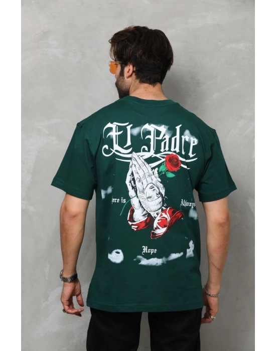 Erkek  Bisiklet Yaka Baskılı Oversize T-Shirt - Yeşil