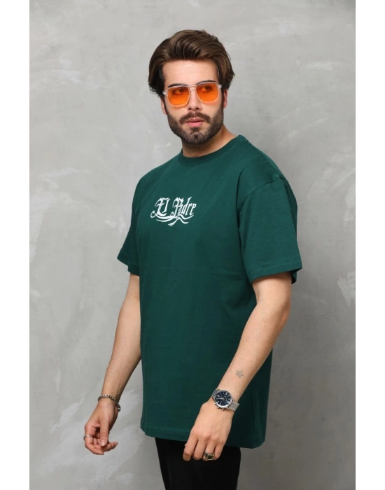 Erkek  Bisiklet Yaka Baskılı Oversize T-Shirt - Yeşil