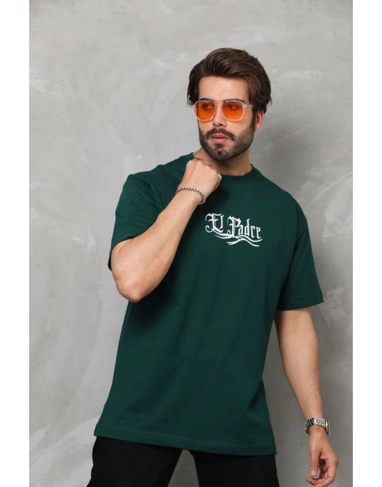 Erkek  Bisiklet Yaka Baskılı Oversize T-Shirt - Yeşil