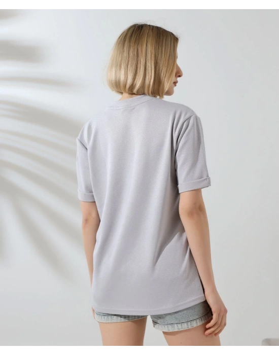 Kadın Bisiklet Yaka Baskılı Slim Fit T-Shirt - Boyalı Gri