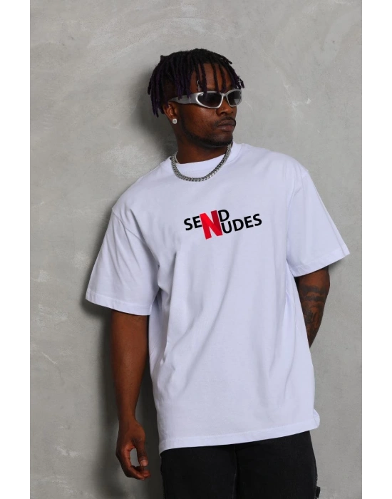 ERKEK Bisiklet Yaka Double Oversize Baskılı T-Shirt - Beyaz