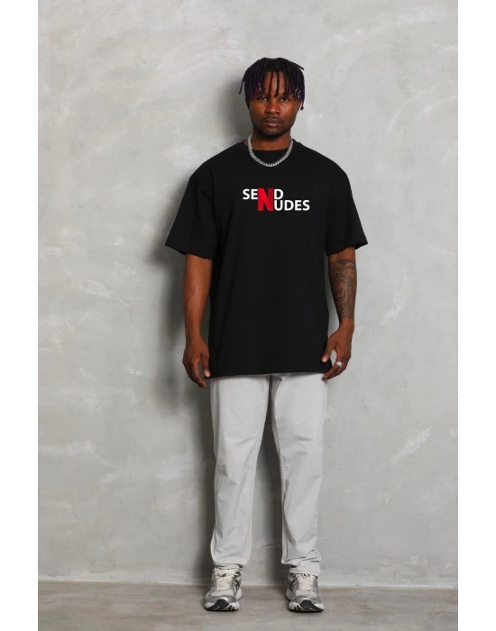 ERKEK Bisiklet Yaka Double Oversize Baskılı T-Shirt - Siyah