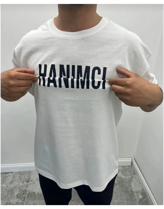 Erkek Bisiklet Yaka Katlanan Baskılı T-Shirt - Beyaz