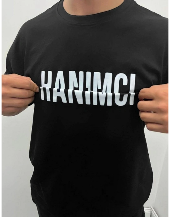 ERKEK Bisiklet Yaka Katlanan Hanımcı Baskılı T-Shirt - Siyah