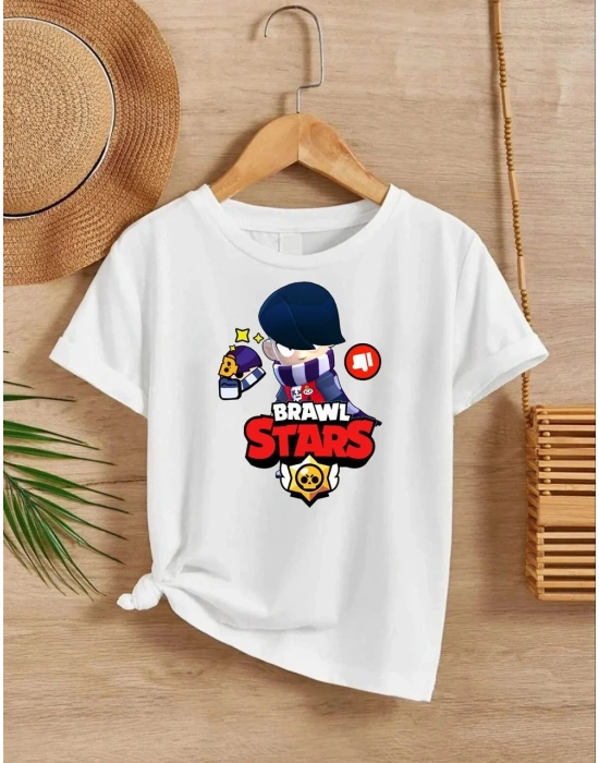 Unisex Bisiklet Yaka Kısa Kol Baskılı Çocuk T-Shirt - Beyaz