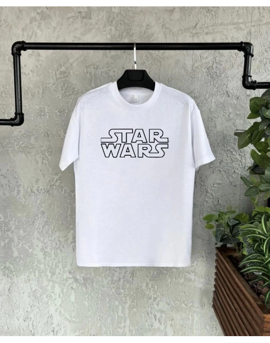 Unisex Bisiklet Yaka Kısa Kol Baskılı T-Shirt - Beyaz