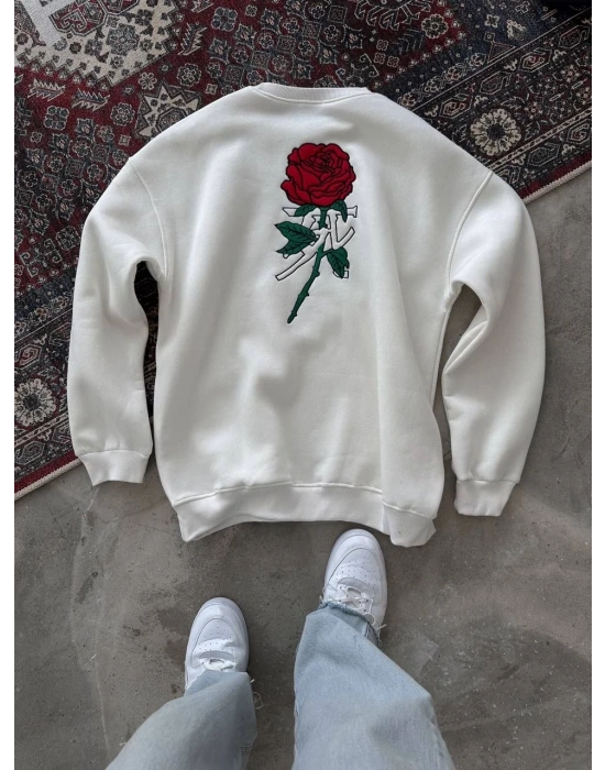 ERKEK Bisiklet Yaka Ön Ve Arka Baskılı SweatShirt - Beyaz