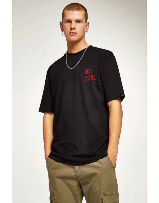 ERKEK Bisiklet Yaka Oversize Baskılı T-Shirt - Siyah