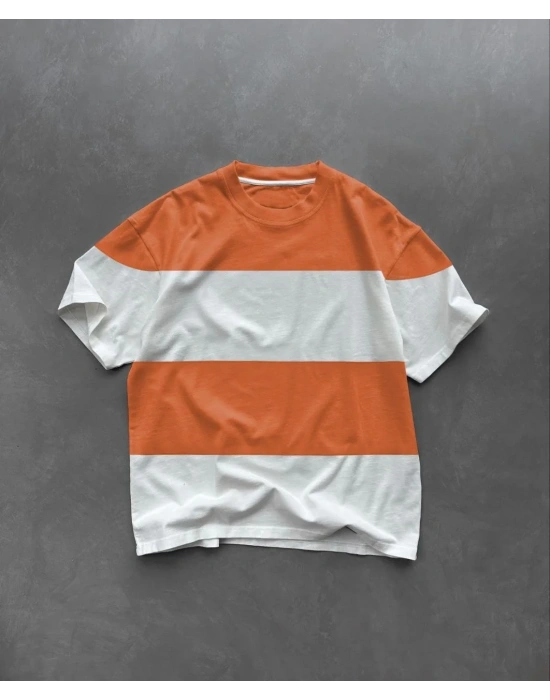 Unisex Bisiklet Yaka Parçalı T-Shirt - Turuncu