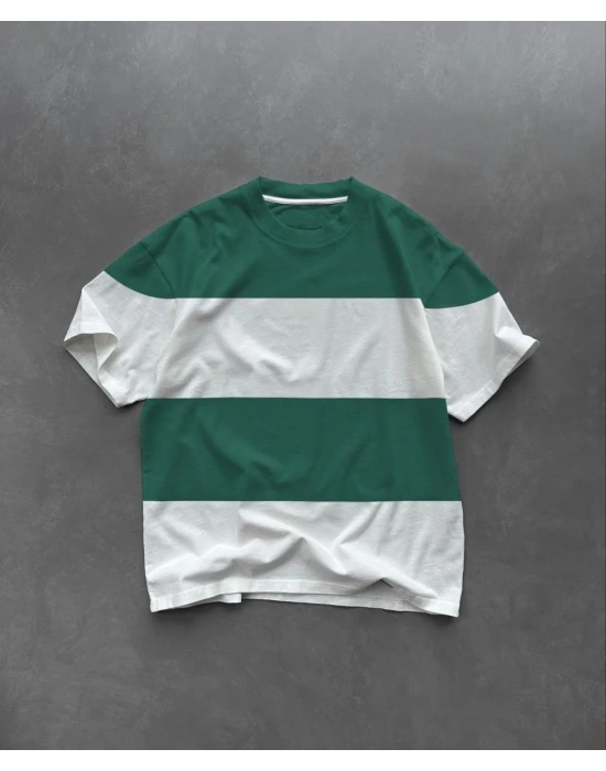 Unisex Bisiklet Yaka Parçalı T-Shirt - Yeşil