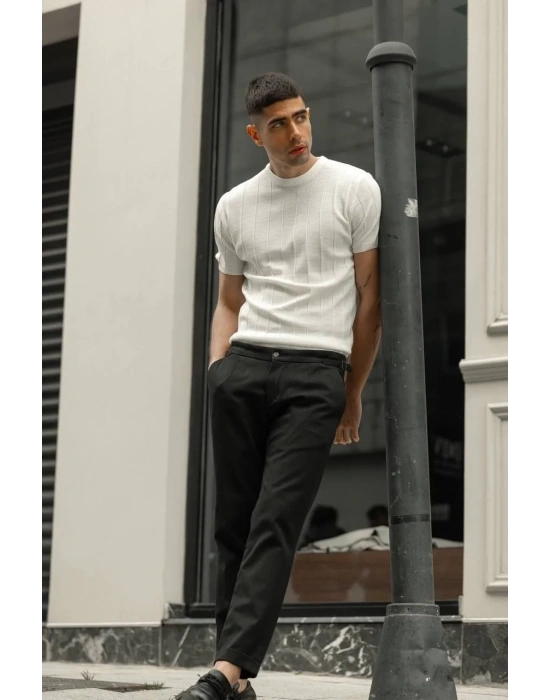 Erkek Biskilet Yaka Triko T-Shirt - Beyaz