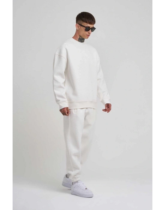 ERKEK Biskilet Yaka Üç İplik SweatShirt - Beyaz