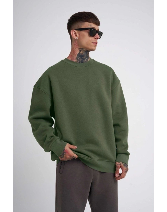 ERKEK Biskilet Yaka Üç İplik SweatShirt - Haki