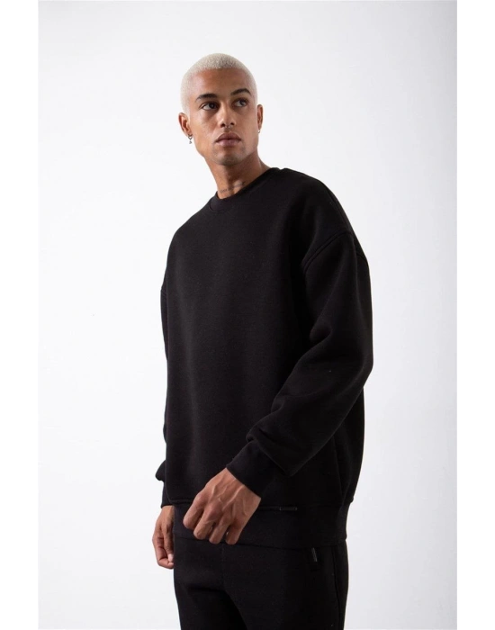 ERKEK Biskilet Yaka Üç İplik SweatShirt - Siyah