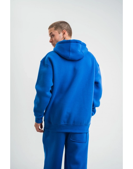 ERKEK Double Oversize Kapşonlu Basic SweatShirt - Mavi