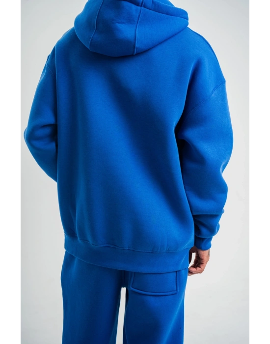 ERKEK Double Oversize Kapşonlu Basic SweatShirt - Mavi