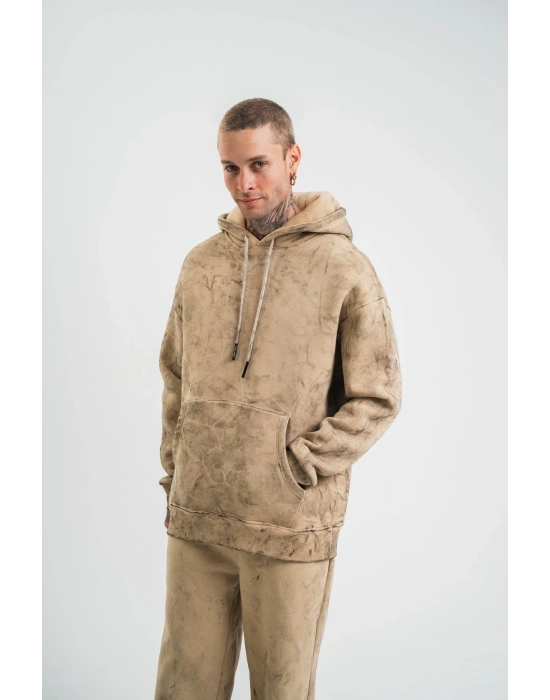 ERKEK Double Oversize Kapşonlu Yıkamalı SweatShirt - Bej