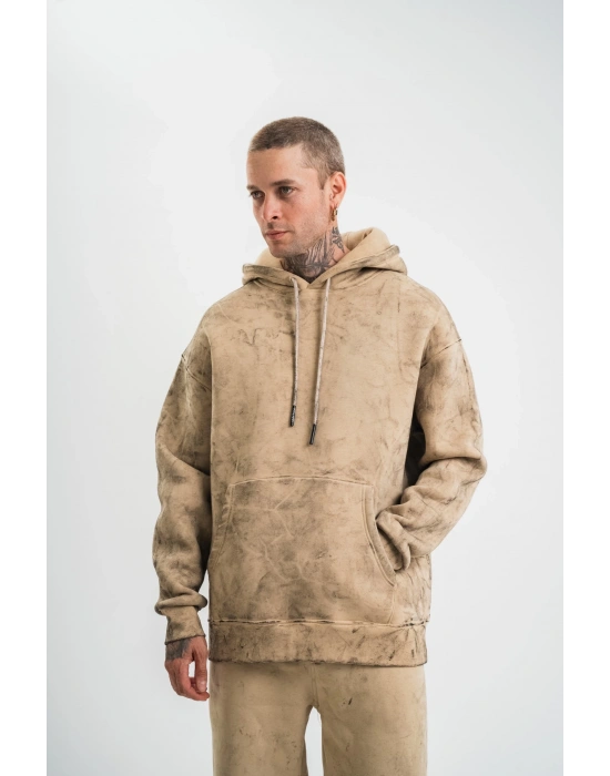 ERKEK Double Oversize Kapşonlu Yıkamalı SweatShirt - Bej