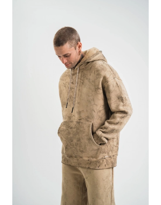 ERKEK Double Oversize Kapşonlu Yıkamalı SweatShirt - Bej