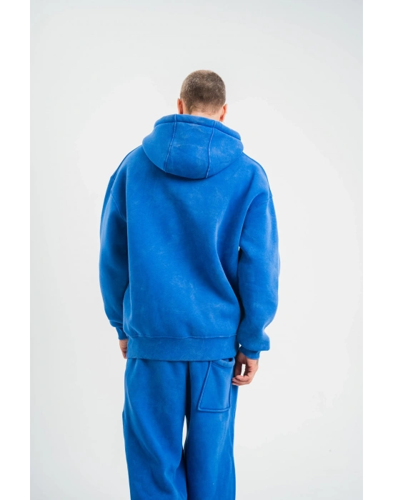 ERKEK Double Oversize Kapşonlu Yıkamalı SweatShirt - Mavi