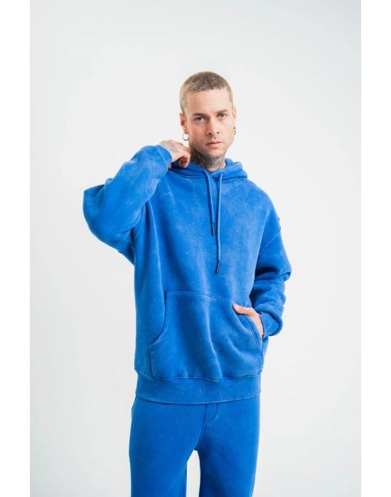 ERKEK Double Oversize Kapşonlu Yıkamalı SweatShirt - Mavi