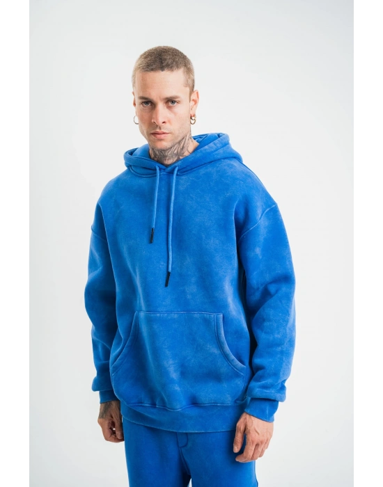 ERKEK Double Oversize Kapşonlu Yıkamalı SweatShirt - Mavi