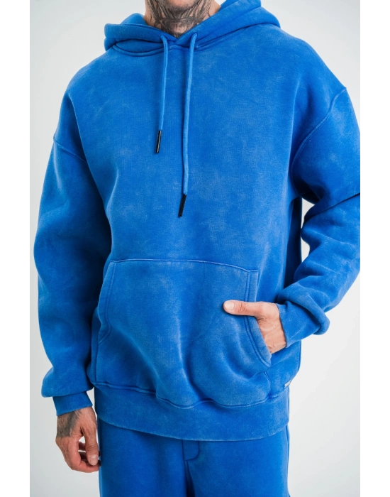 ERKEK Double Oversize Kapşonlu Yıkamalı SweatShirt - Mavi