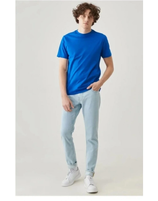 ERKEK Düz Biskilet Yaka Oversize T-shirt - Mavi