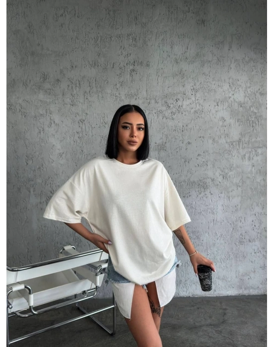 kadın  Düz Biskilet Yaka Oversize T-shirt - Beyaz