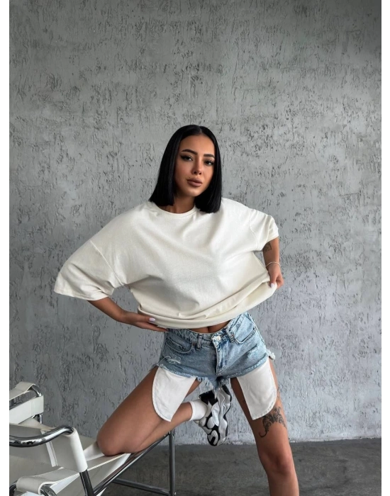 kadın  Düz Biskilet Yaka Oversize T-shirt - Beyaz