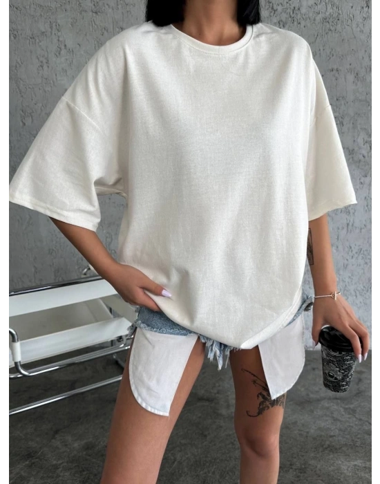kadın  Düz Biskilet Yaka Oversize T-shirt - Beyaz