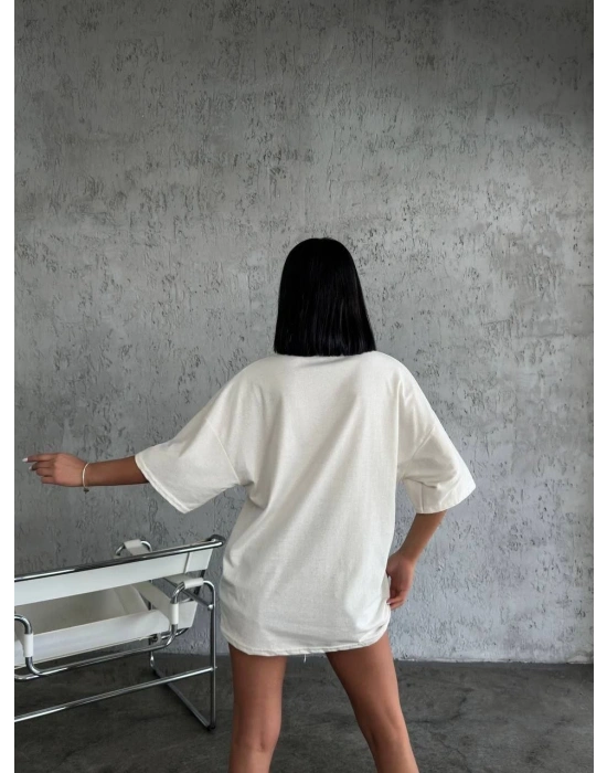 kadın  Düz Biskilet Yaka Oversize T-shirt - Beyaz