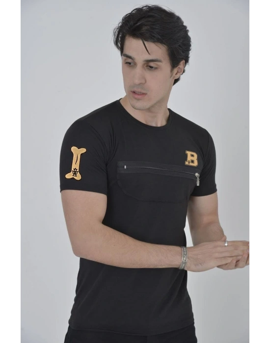 ERKEK Göğüs Fermuarlı Baskılı T-Shirt - Siyah
