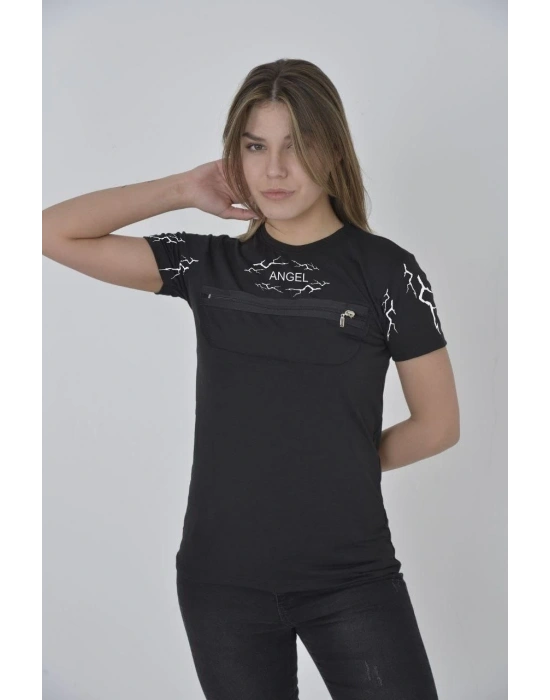 kadın Göğüs Fermuarlı Baskılı - Siyah