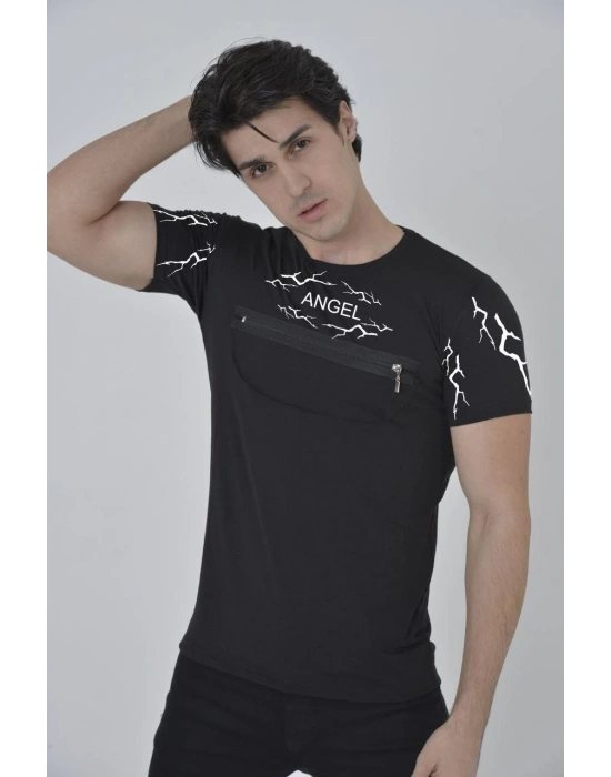 ERKEK Göğüs Fermuarlı Baskılı T-Shirt - Siyah