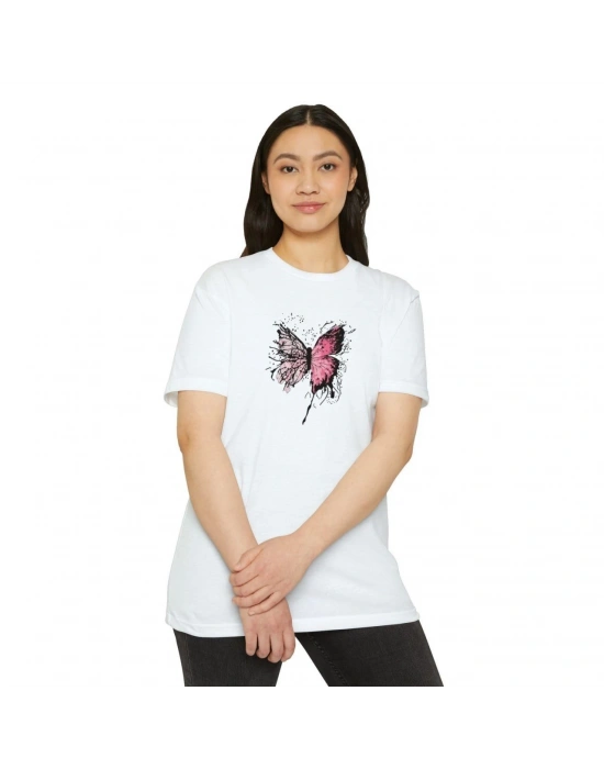 Kadın Bisiklet Yaka kelebek Baskılı T-Shirt - Beyaz