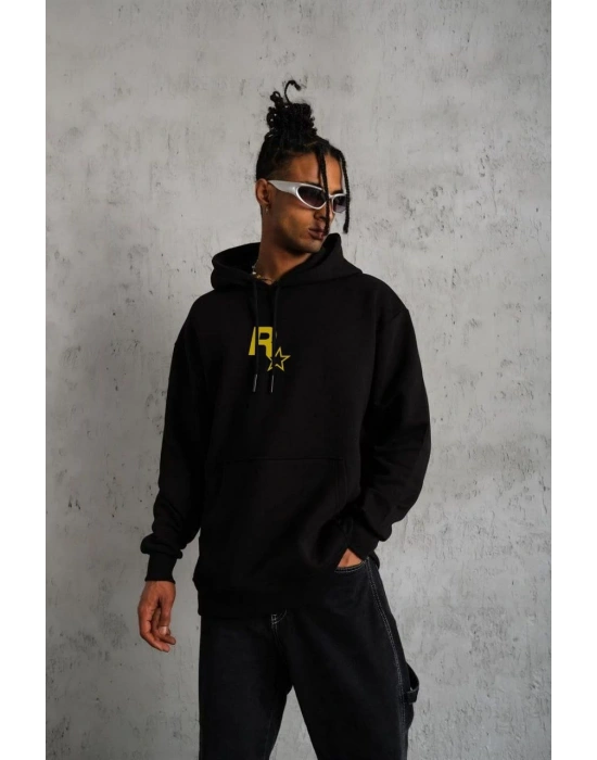 ERKEK Kapşonlu Baskılı Sweetshirt - Siyah