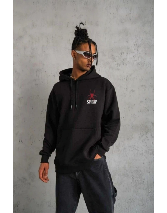 ERKEK Kapşonlu Baskılı Sweetshirt - Siyah