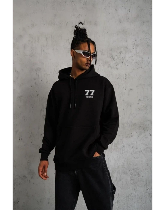 ERKEK Kapşonlu Baskılı Sweetshirt - Siyah