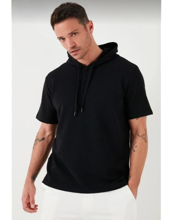 Erkek  Kapşonlu Kısa Kol Düz Oversize T-shirt - Siyah