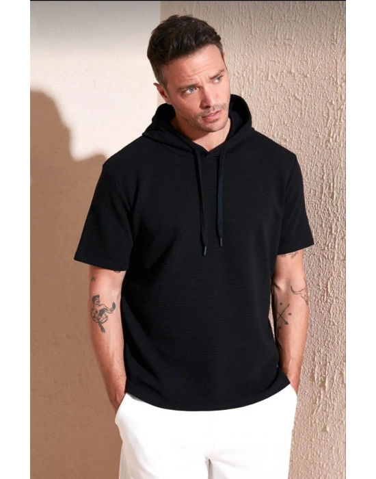 Erkek  Kapşonlu Kısa Kol Düz Oversize T-shirt - Siyah
