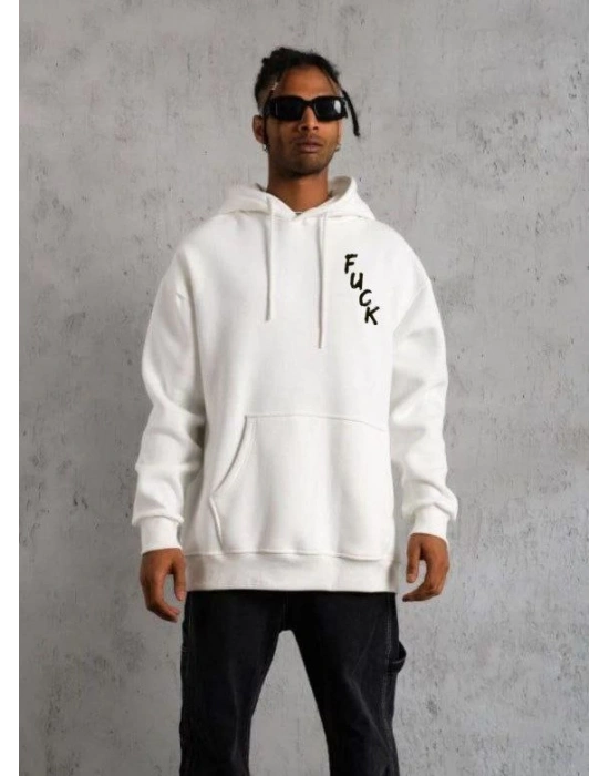 ERKEK Kapşonlu Uzun Kol Baskılı Sweetshirt - Beyaz