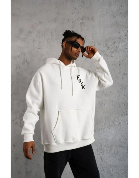 ERKEK Kapşonlu Uzun Kol Baskılı Sweetshirt - Beyaz